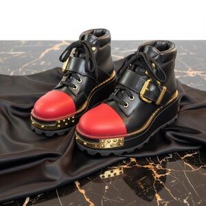 Prada Black and Red Platform Boots with Gold Details